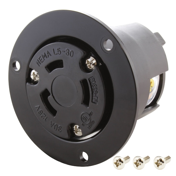 Flanged Locking Inlet, L5-30R, 30 A, 125V AC, Screw Terminals, Black